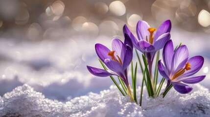 Purple crocuses growing through the snow in early spring, copy space. Generative AI