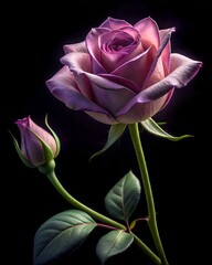 A delicate rose flower, green leaves and long stem, on a black background