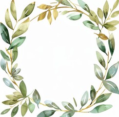 Fototapeta premium Watercolor gold and sage green wreath with leaves 