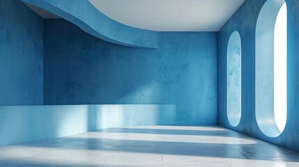 Minimalist blue studio room with a seamless curved wall, ideal for design purposes, presentations, and creative backgrounds