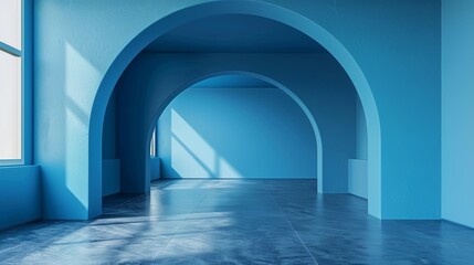 Minimalist blue studio room with a seamless curved wall, ideal for design purposes, presentations, and creative backgrounds