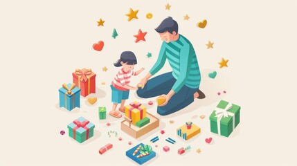 Father and daughter opening Christmas presents together.