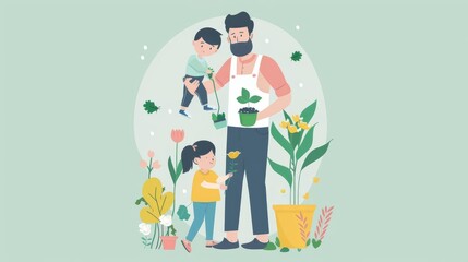 Fototapeta premium Father gardening with his two children, planting flowers and plants.