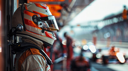 Obraz premium A race car driver wearing a helmet and suit stands on the pit lane of a racetrack