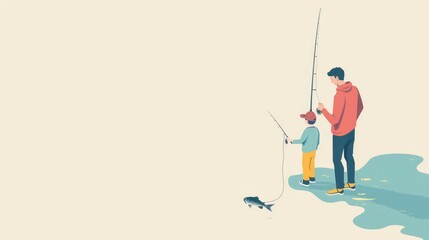 Father and son fishing together, enjoying a day outdoors.