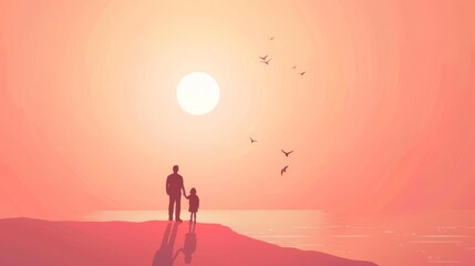 Minimalist flat design of a father and child building a birdhouse, representing mentorship and craftsmanship, with copy space for text