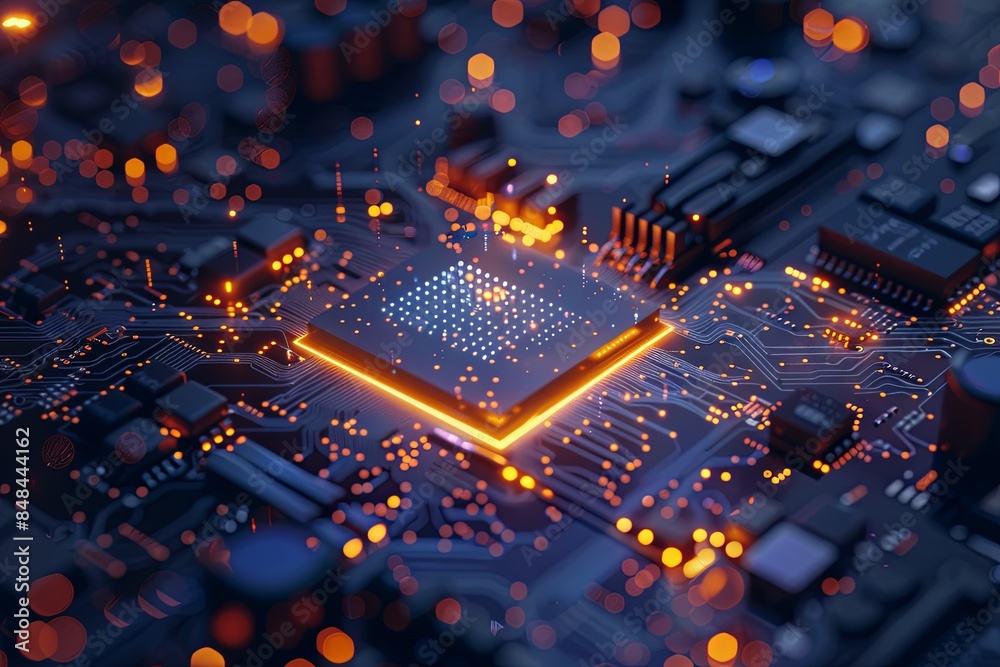 Fototapete Close-up of a modern microprocessor chip on a motherboard, surrounded by digital data streams and glowing light effects, symbolizing the processing power of AI. Generative AI