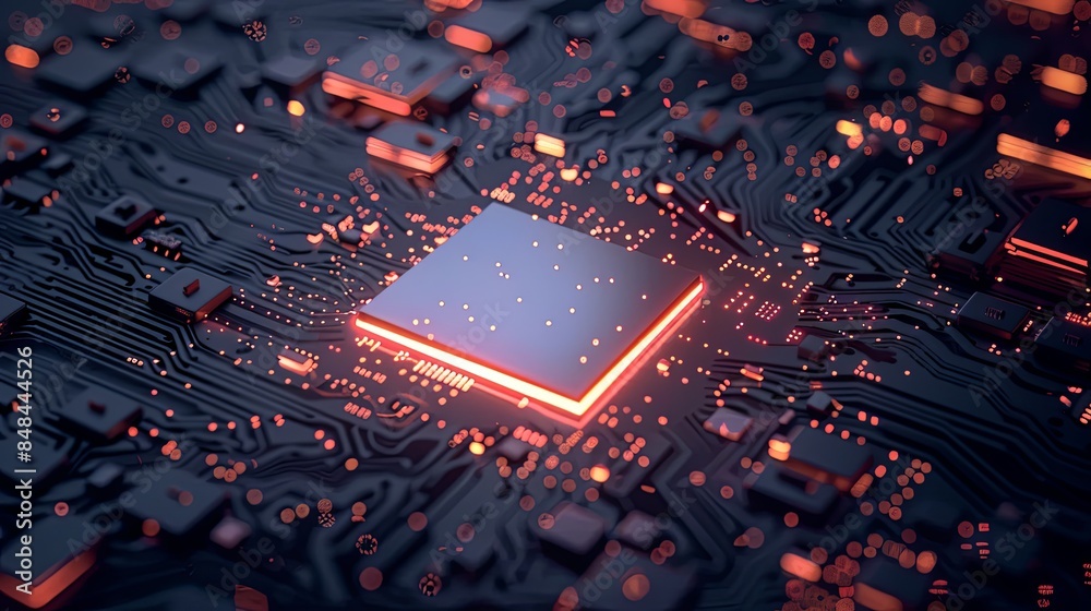 Fototapete A close-up image of a modern microprocessor or chip on a motherboard, surrounded by intricate digital data streams and glowing light effects. Generative AI