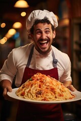 Cheerful chef presenting a plate of pasta