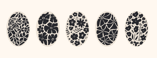 Abstract groovy floral posters. Modern trendy Matisse minimal style. Hand drawn oval shape design for wallpaper, wall decor, print, postcard, cover, template, banner. Black and beige colors