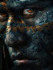 Fototapeta premium Face of an Aztec warrior on a black background