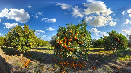 Lush orange orchard with ripe fruit under a vibrant blue sky. This image captures the beauty of a bountiful harvest season. Ideal for agriculture and nature themes. AI