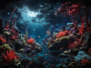 "Ultra-Realistic 8K Art of Deep-Sea Enchanted Garden Illuminated by Bioluminescent Plants with Moonlit Sky and Red Clouds"