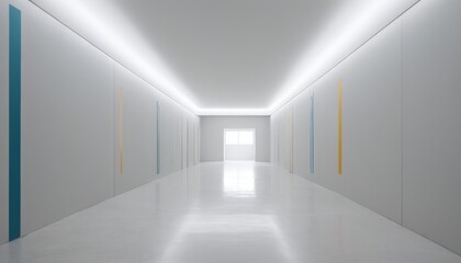 A minimalist, empty corridor illuminated by light strips on the walls, leading to a bright window at the end. The clean, modern design and the white polished floor create a futuristic and serene