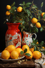 lemon tree in a vase and ripe lemons on a plate, on dark background, beautiful still life
