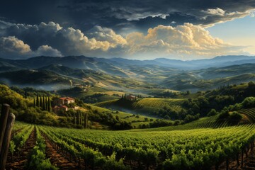 view of the grapes and vineyard, village and valley in the distance, sunset sky, beautiful landscape