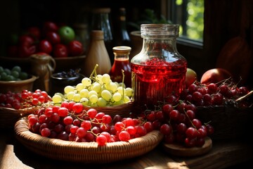 a jug of wine, grapes and fruits on the table in an old village house, a view of a sunny garden, a beautiful still life