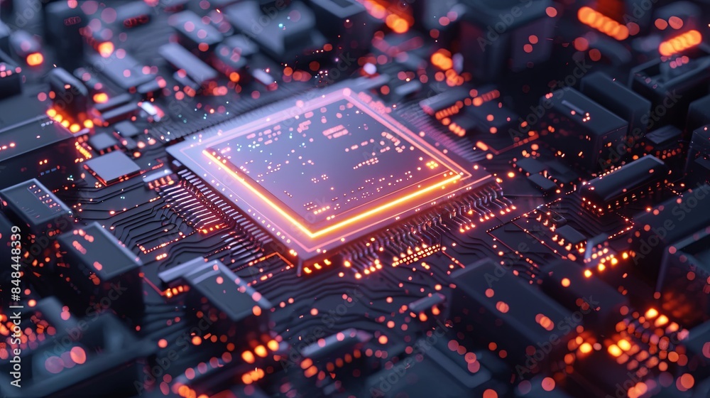 Leinwandbilder close-up of a modern microprocessor on a motherboard, illuminated by glowing light effects and data 