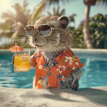 a rat wearing a shirt and sunglasses holding a drink in the pool