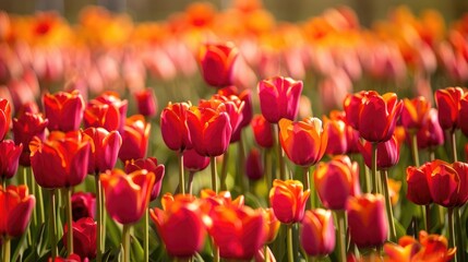 Meadow full of tulips in red and orange