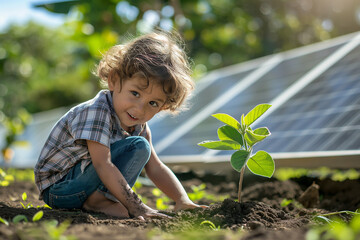 Hispanic boy planting a sapling near solar panels, symbolizing environmental sustainability and Arbor Day