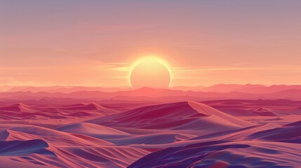 Beautiful sunset over a serene desert landscape, with rolling sand dunes casting shadows in the warm, glowing light.