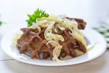 fried liver waffles with onions and herbs