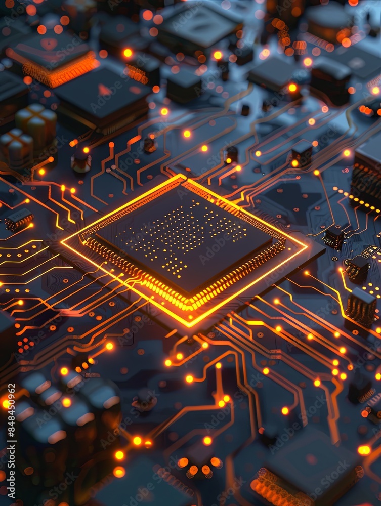 Poster a close-up view of a modern microprocessor on a motherboard, illuminated by glowing circuits and dat