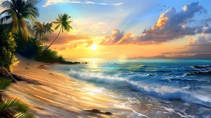 View on the beach at sunset with white sand Generative Ai