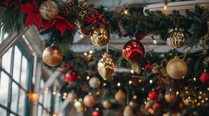 Festive Christmas Garland With Red And Gold Baubles Hanging From Ceiling In A Room