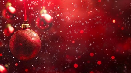 Red Christmas Ornament Hanging Against a Festive Background With Falling Snow