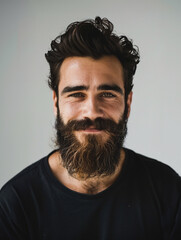 Obraz premium A portrait of an attractive man with thick black beard and hair, smiling, facing the camera