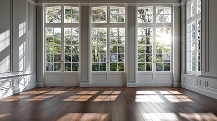 Elegant sunlit room with large french windows and wooden flooring ideal for studio or living space. Modern minimalist style. Comfort and relaxation concept. Sunlight creates a warm ambiance. AI