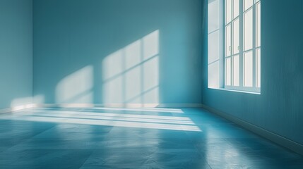 Obraz premium Serene blue minimalistic room with soft ambient light, featuring clean, modern lines and empty space, great for backgrounds and design work
