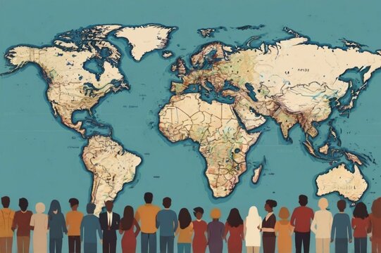 Individuals from Different Cultures and Backgrounds Gathered Together Before a Map of the World, Highlighting Unity and Diversity on World Population Day