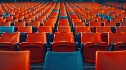 Naklejka premium Siedzenia pomarańczowej trybuny na stadionie sportowym. Pusta arena zewnętrzna. Koncepcja kibiców. Krzesła dla publiczności. Koncepcja środowiska kulturowego. Kolor i symetria. Puste siedzenia. Nowoczesna scena Generative AI