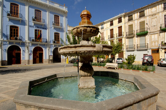 town hall, square and fountain in Chelva, Comunitat Valenciana, Spain