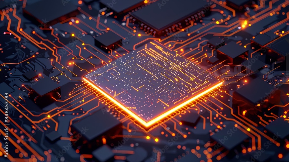 Leinwandbilder a close-up view of a modern microprocessor on a circuit board with glowing light effects, symbolizin