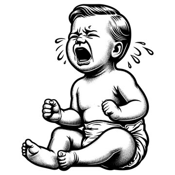 recommend clip art: intense emotion of a crying baby, with detailed expression and classic styling sketch engraving generative ai fictional character PNG illustration. Scratch board imitation. Black and white image.