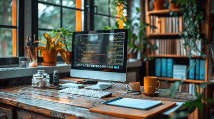 An online learning setup with a student attending a virtual class, computer screen visible, and a tidy workspace