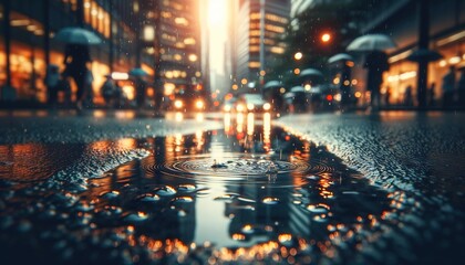 Rain in the city 1 with a puddle in the middle of the street and people with umbrellas in the evening under the light of lanterns and shop windows