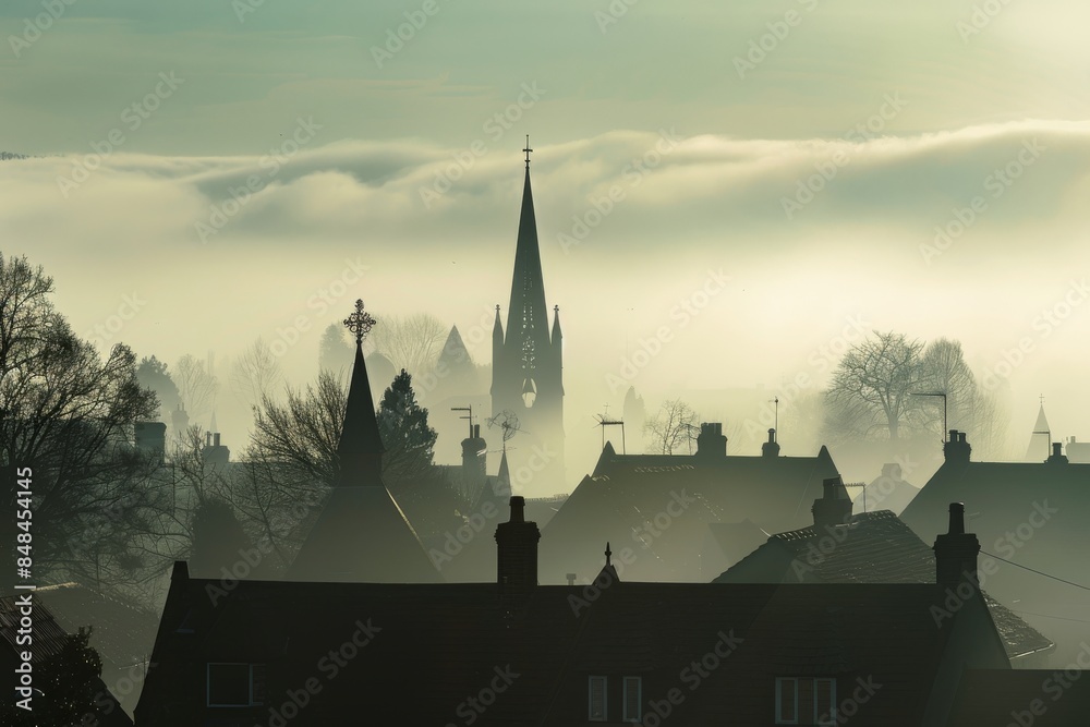 Wall mural silhouette of an industrial english yorkshire town in early morning mist, the spire and church tower