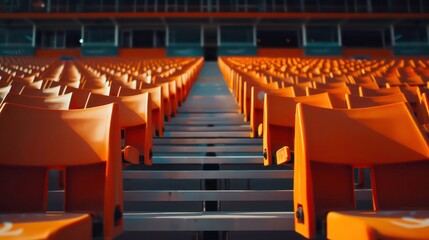 Seats of orange tribune on sports stadium. empty outdoor arena. concept of fans. chairs for audience. cultural environment concept. color and symmetry. empty seats. modern stage Generative AI