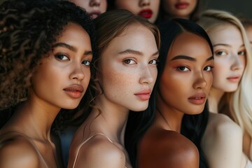 Obraz premium Four women with different skin tones and hair styles are shown in a row