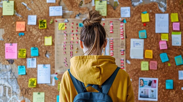 A student organizing their study schedule on a large corkboard, pinning up notes, reminders, and color-coded time slots for different subjects