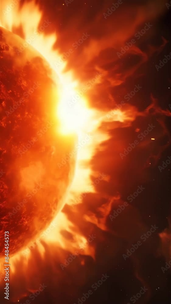 Poster close-up view of a solar flare erupting from the sun's surface. intense solar activity and powerful 