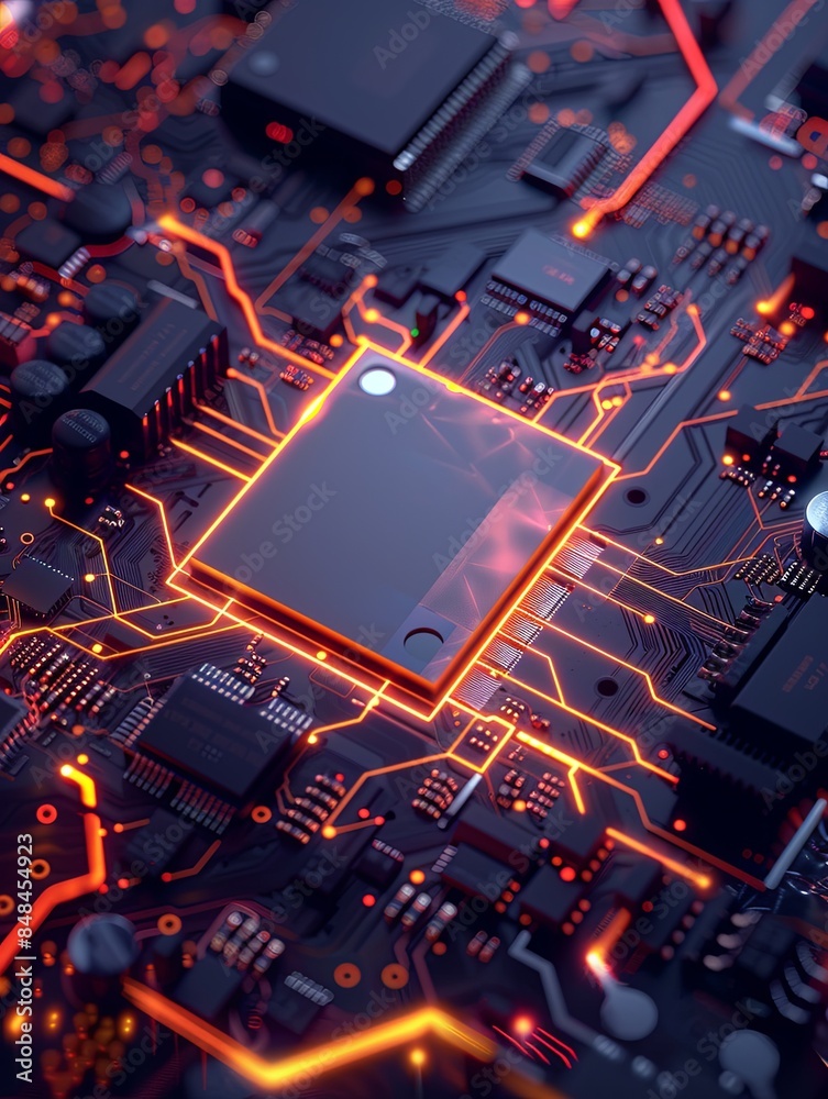 Poster close-up of a microchip on a motherboard surrounded by glowing digital data streams, representing ai