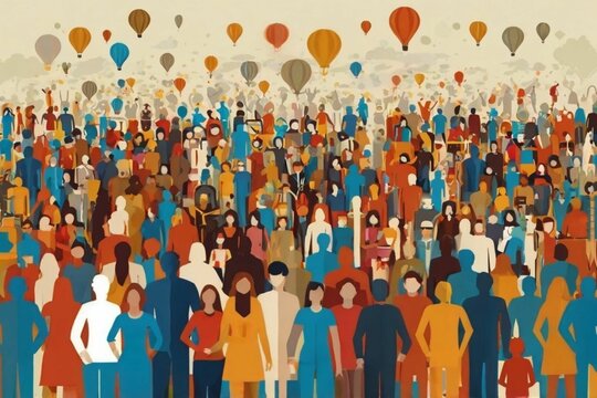 A Vibrant and Diverse Crowd Celebrates World Population Day with Hot Air Balloons Symbolizing Hope and Unity