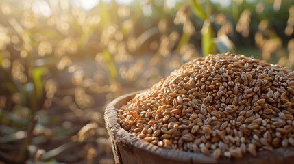 Obraz premium Close up shot of wooden basket full of wheat grains, with a field in the background