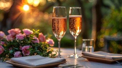 Elegant outdoor table setting with two glasses of champagne and flowers for romantic dinner or special occasion